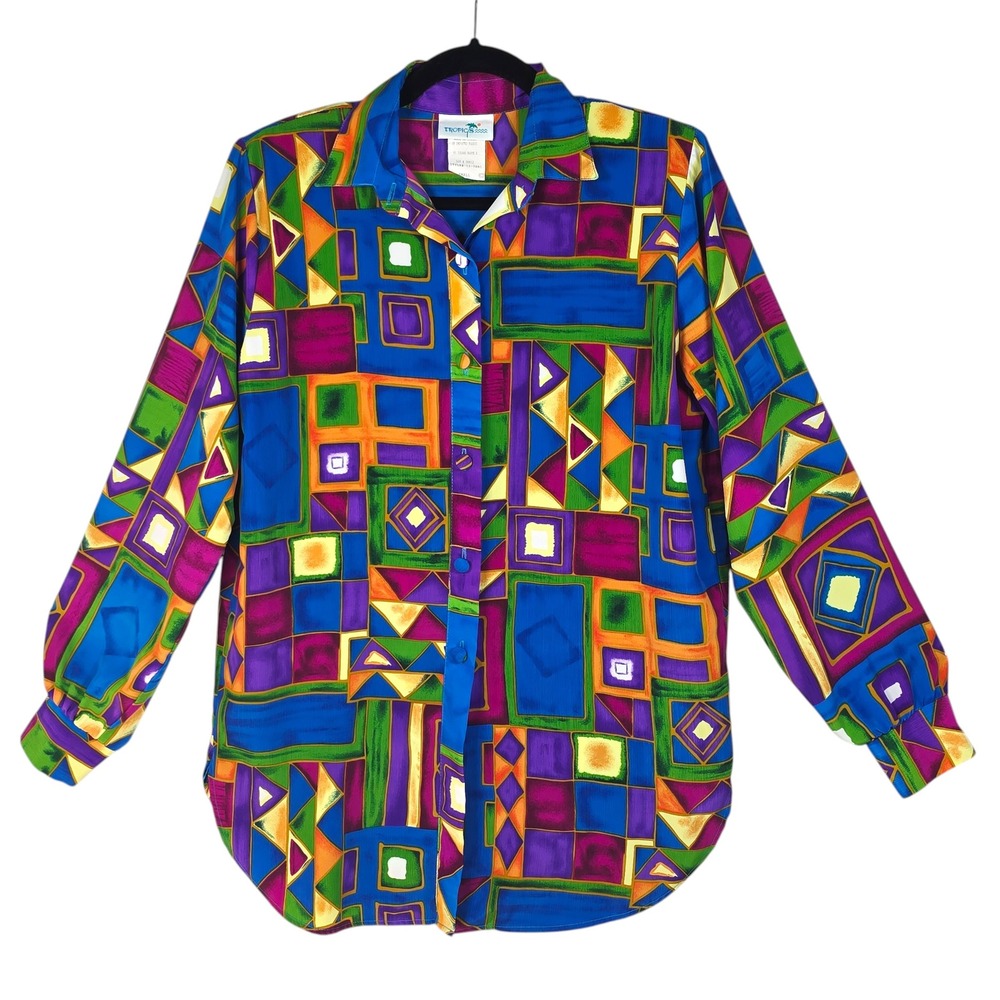 Vintage 90s Tropics Geometric Abstract Button Down Shirt Women Small Made in USA